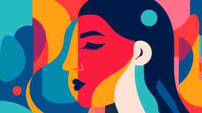 Abstract woman face collage in modern vector art design. Feminine abstraction poster in colorful pallette. Creative geometric female pattern in cubism style. The illustration's colors represent the many facets of autism in women.