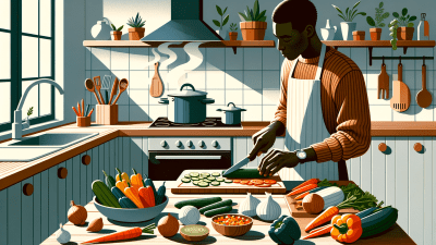 An illustration of a man cutting vegetables in his kitchen. The image captures him chopping a cucumber with various chopped vegetables nearby, and a pot steaming over the stove. Meal prepping is one way people with ADHD can eat healthy and resist impulsive snacking.
