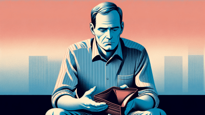 A stylized illustration of a middle-aged man showing their empty wallet, symbolizing their lack of retirement savings. Image generated by AI.